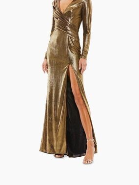 IEENA for Mac Duggal
Gold Metallic Long-Sleeve Wrap Gown with Thigh Slit